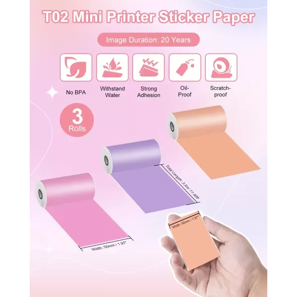 imageMemoking T02  M02X  M02L Sticker Paper  PurpleRose RedOrange Sticky T02 Mini Printer Sticker Paper Refill 50 mm x 35 m Keep for 20 yrs for Journal Photo Study Notes 3 Rolls