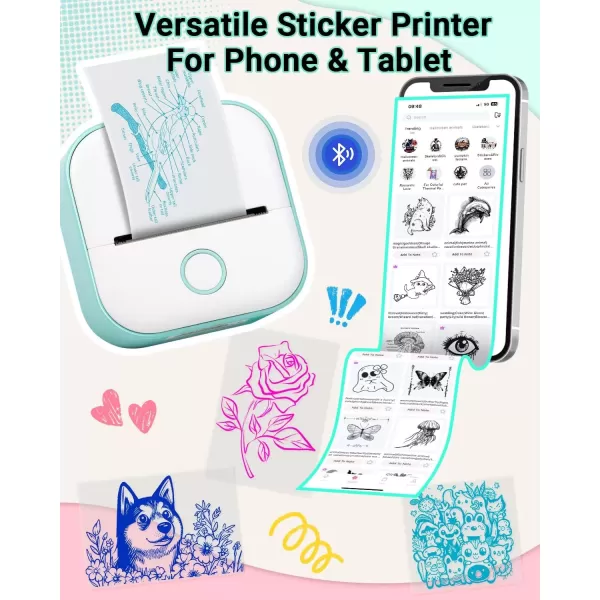 imagePrint Pods Mini Printer  T02 Sticker Printer Portable Thermal Printer Inkless Printer Sticker Maker Machine Pocket Printer Phone Printer for Study Graphic Anatomical Diagram Photo Green