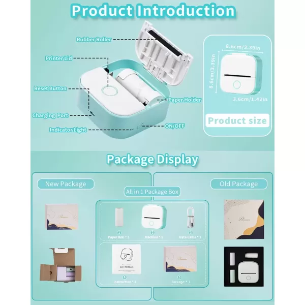 imagePrint Pods Mini Printer  T02 Sticker Printer Portable Thermal Printer Inkless Printer Sticker Maker Machine Pocket Printer Phone Printer for Study Graphic Anatomical Diagram Photo Green