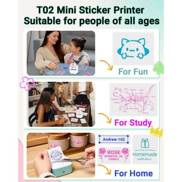 imagePrint Pods Mini Printer  T02 Sticker Printer Portable Thermal Printer Inkless Printer Sticker Maker Machine Pocket Printer Phone Printer for Study Graphic Anatomical Diagram Photo Green
