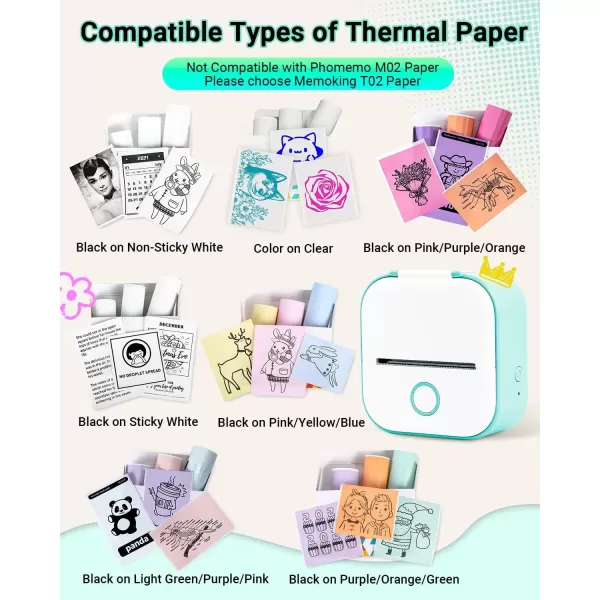 imagePrint Pods Mini Printer  T02 Sticker Printer Portable Thermal Printer Inkless Printer Sticker Maker Machine Pocket Printer Phone Printer for Study Graphic Anatomical Diagram Photo Green