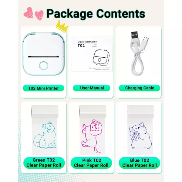 imagePrint Pods Mini Printer  T02 Sticker Printer Portable Thermal Printer Inkless Printer Sticker Maker Machine Pocket Printer Phone Printer for Study Graphic Anatomical Diagram Photo Green