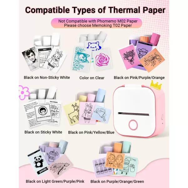 imageT02 Mini Printer  Print Pods Sticker Printer Portable Thermal Printer Inkless Printer Sticker Maker Machine Label Makers Pocket Printer for Study Graphics Anatomical Diagrams Photos Pink