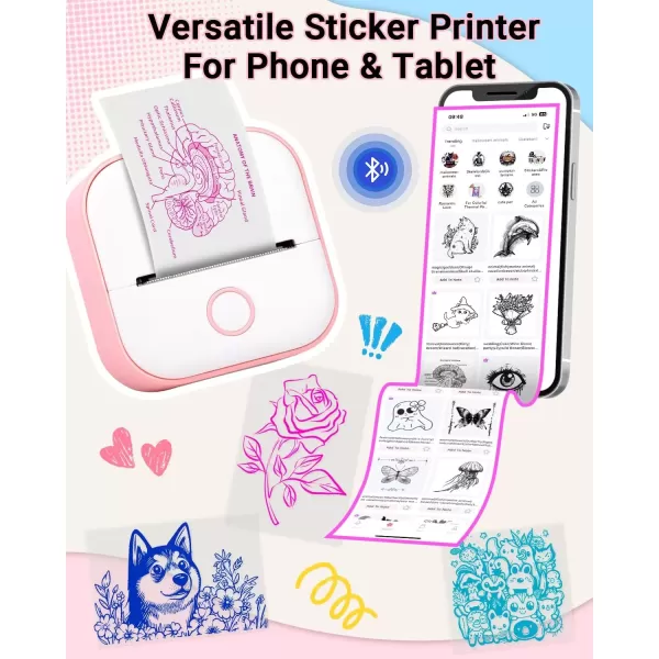 imageT02 Mini Printer  Print Pods Sticker Printer Portable Thermal Printer Inkless Printer Sticker Maker Machine Label Makers Pocket Printer for Study Graphics Anatomical Diagrams Photos Pink