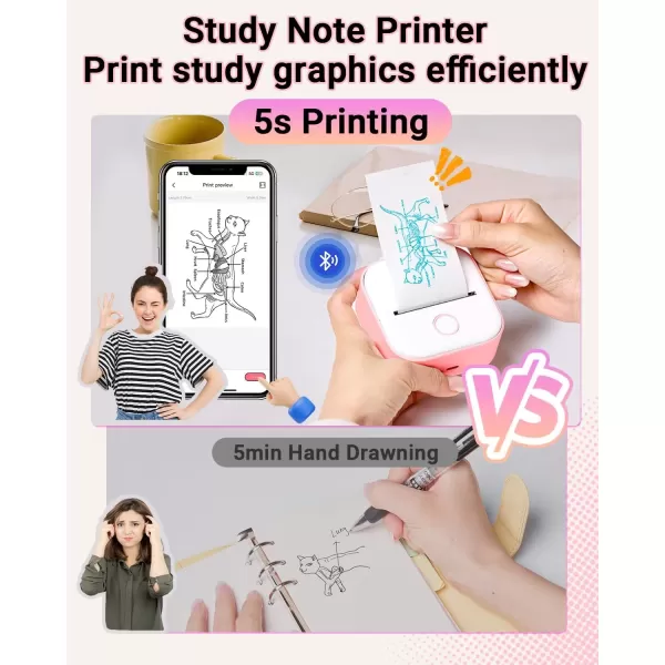 imageT02 Mini Printer  Print Pods Sticker Printer Portable Thermal Printer Inkless Printer Sticker Maker Machine Label Makers Pocket Printer for Study Graphics Anatomical Diagrams Photos Pink
