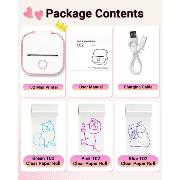 imageT02 Mini Printer  Print Pods Sticker Printer Portable Thermal Printer Inkless Printer Sticker Maker Machine Label Makers Pocket Printer for Study Graphics Anatomical Diagrams Photos Pink