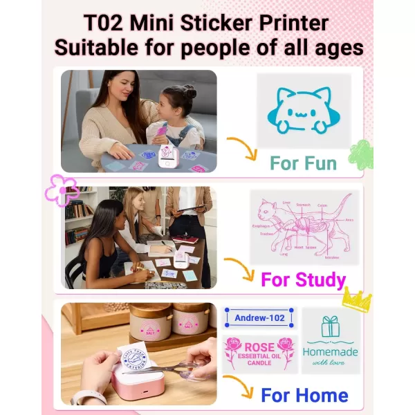 imageT02 Mini Printer  Print Pods Sticker Printer Portable Thermal Printer Inkless Printer Sticker Maker Machine Label Makers Pocket Printer for Study Graphics Anatomical Diagrams Photos Pink