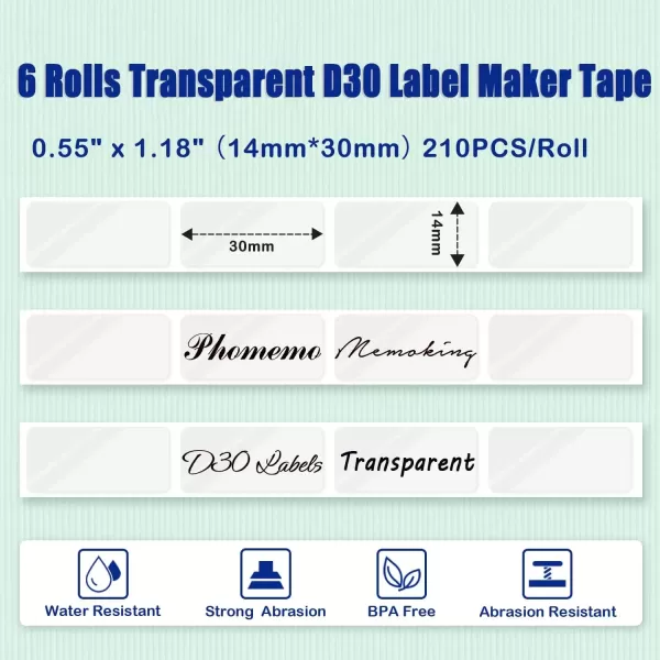imageClear D30 Label Maker Tape  D30 Transparent Label Tape 14x30mm 055x118quot Memoking D30 Labels Maker Paper Compatible with Phomemo D30 Label Maker Paper  6 Rolls Clear D30 Labels Tape  210PCSRoll