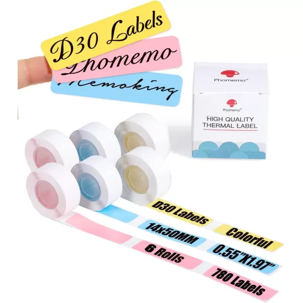 imageColor D30 Label Maker Tape  Memoking D30 Labels Refills Compatible with Zodzi Phomemo D30 Label Maker Tape Colorful  6 Rolls D30 Labels 14x50mm PinkBlueYellow055x 197quot 130PCS D30 LabelsRoll