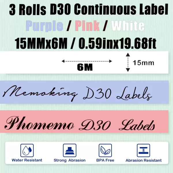 imageContinuous D30 Label Maker Tape  3 Rolls Color D30 Continuous Labels Roll 15MMx6MLavenderPinkWhite Memoking D30 Labels Refills Compatible with Phomemo Zodzi D30 Label Maker Tape  059inx1968ft