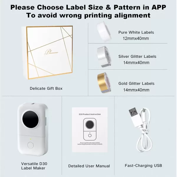 imageD30 Label Maker  Bluetooth Label Maker Machine Mini Inkless Cute Label Printer Thermal Wireless Portable Sticker Maker Printer with Thermal Label x 3 Compatible with iOS Android White