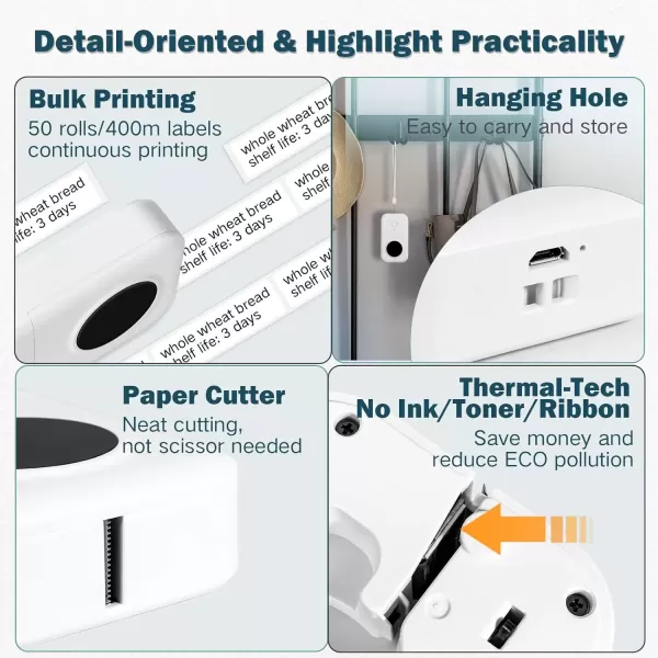 imageD30 Label Maker  Bluetooth Label Maker Machine Mini Inkless Cute Label Printer Thermal Wireless Portable Sticker Maker Printer with Thermal Label x 3 Compatible with iOS Android White