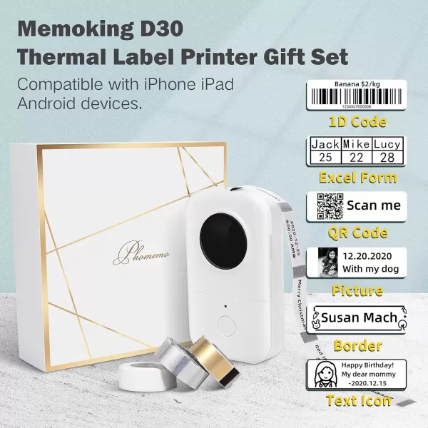 imageD30 Label Maker  Bluetooth Label Maker Machine Mini Inkless Cute Label Printer Thermal Wireless Portable Sticker Maker Printer with Thermal Label x 3 Compatible with iOS Android White
