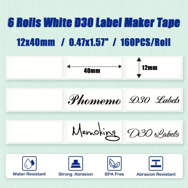imageD30 Label Maker Tape  White D30 Labels Tape 12x40mm  6 Rolls D30 Labels for D30 Label Maker Tape  Memoking D30 Labels Paper Compatible with Phomemo D30 Label Maker Tape  160 PCSRoll 047quotx157quot