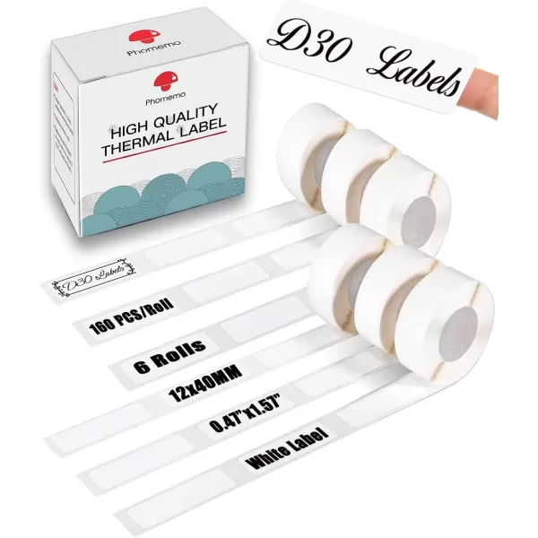 imageD30 Label Maker Tape  White D30 Labels Tape 12x40mm  6 Rolls D30 Labels for D30 Label Maker Tape  Memoking D30 Labels Paper Compatible with Phomemo D30 Label Maker Tape  160 PCSRoll 047quotx157quot