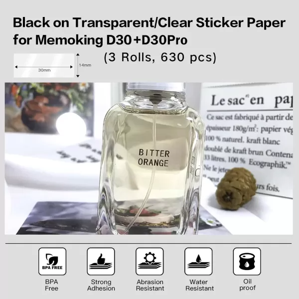 imageLabel Maker Tape  D30 Transparent Clear Label Waterproof Thermal Printer Label 14x30mm055x118inch for Name Price Classification Compatible with MemokingPhomemo D30 Label Maker 3 Rolls14mm x 30mm
