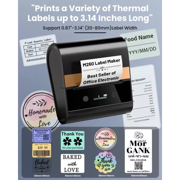 imageM260 Label Maker  3 Inch Sticker Maker Machine Print Width 078314 inch Bluetooth Large Thermal Printer for Small Business Address Barcode Compatible with Phones ampamp PC with 1 Roll Label Tape