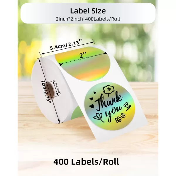 imageMemoking 2 Holographic Silver Circle Thermal Label SelfAdhesive Round Label Circular Direct Thermal Printer Label for Logo Design NamePrice Tag Thanks CardAddress QR Code 400 LabelsRollGold