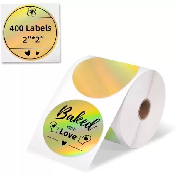 imageMemoking 2 Holographic Silver Circle Thermal Label SelfAdhesive Round Label Circular Direct Thermal Printer Label for Logo Design NamePrice Tag Thanks CardAddress QR Code 400 LabelsRollGold