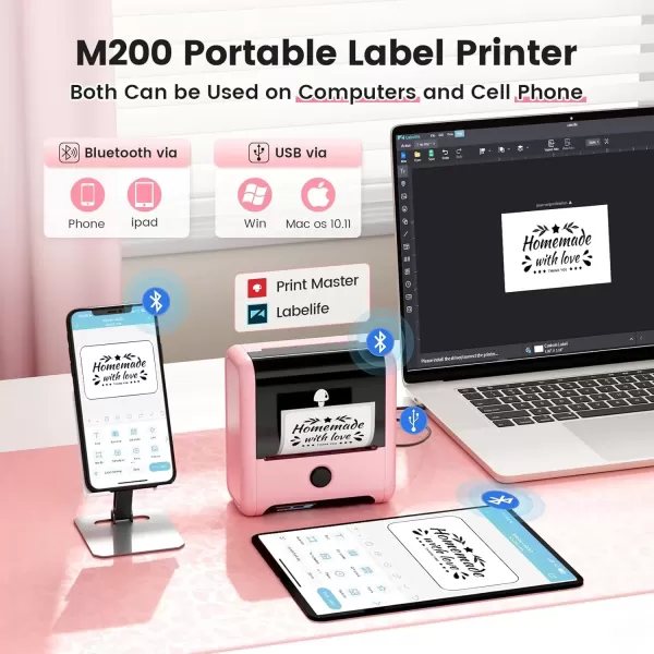 imageMemoking Bluetooth Label Maker Machine with Tape Wide Waterproof Label Versatile App with 40 Fonts and 450 Icons Inkless Labeler for Home School Office Kitchen Pink 3 Roll Labels