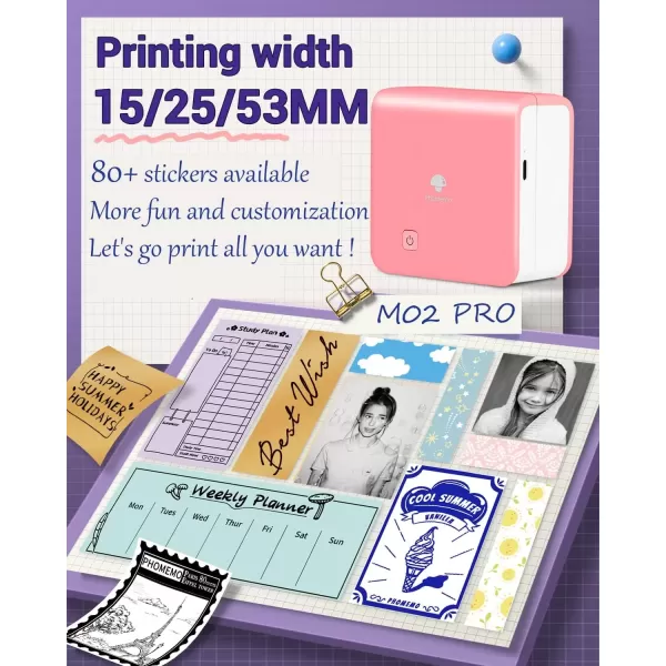 imageMemoking Inkless Sticker Printer  300dpi M02Pro Thermal Mini Printer for Phone Bluetooth Sticky Note Printer Portable Pocket Printer Machine  Pink Mini Photo Printer for DIY Study Notes