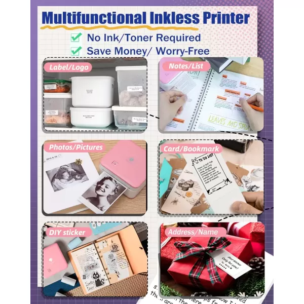 imageMemoking Inkless Sticker Printer  300dpi M02Pro Thermal Mini Printer for Phone Bluetooth Sticky Note Printer Portable Pocket Printer Machine  Pink Mini Photo Printer for DIY Study Notes