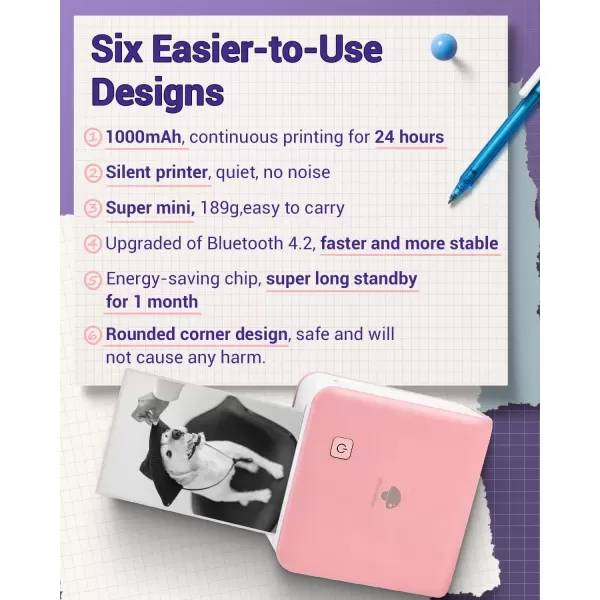 imageMemoking Inkless Sticker Printer  300dpi M02Pro Thermal Mini Printer for Phone Bluetooth Sticky Note Printer Portable Pocket Printer Machine  Pink Mini Photo Printer for DIY Study Notes