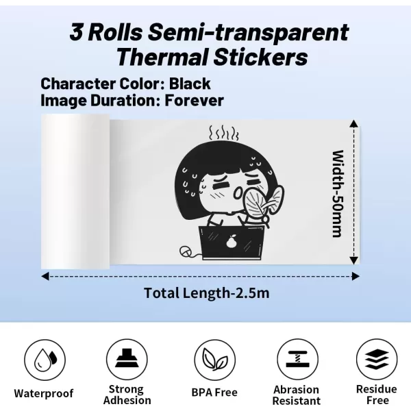 imageMemoking M02 SemiTransparent Thermal Sticker Paper  Compatible with M02M02SM02PROM03 Printer  SelfAdhesive Thermal Paper 53mm x 25m 208in x 82ft 3 Rolls