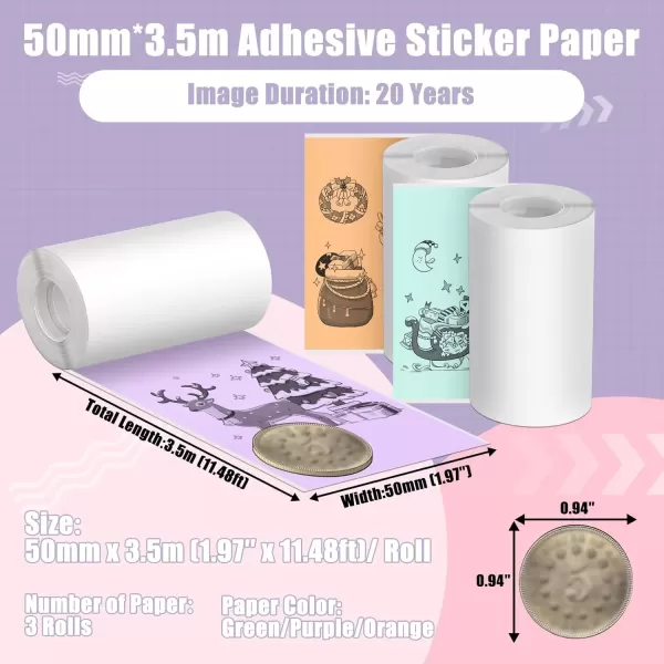 imageMemoking M02 Thermal Printer Stickers  Compatible with Phomemo M02PRO M02D M02S M03 M03AS M04S M02 Printer  GreenPurpleOrange Thermal Labels 53mm x 35m  208in x 1148ft 3 Rolls