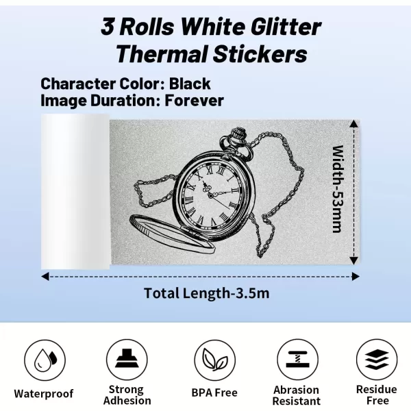 imageMemoking M02 White Glitter Thermal Label Printer Paper  Compatible with M02M02SM02PROM03 Printer 53mm x 35m  208 in x 1148 ft 3 Rolls