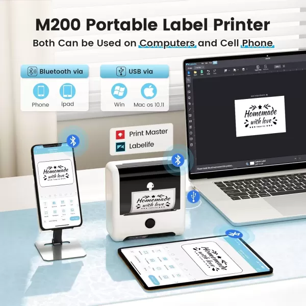 imageMemoking M200 Label Maker Bluetooth Portable Label Printer with Auto Identification Easy to Use for Home Business Office Sticker Printer with 2 x 118 inch LabelRoll White 3 Roll Labelswhite