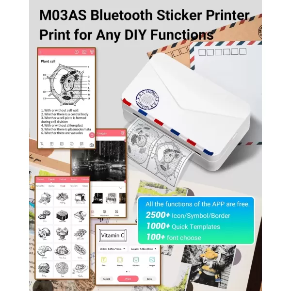 imageMemoking Mini Sticker Printer  300dpi M03AS Thermal Portable Mini Printer Bluetooth Inkless Pocket Printer for Phone Sticky Note Printer for Study Notes Memo DIY Photos Label
