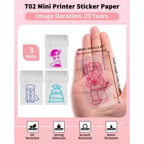 imageMemoking T02  M02X  M02L Color Sticker Paper  Colorful Transparent Sticky T02 Mini Printer Sticker Paper Refill 50 mm x 35 m Keep for 20 yrs for Journal Photo Study Notes 3 Rolls