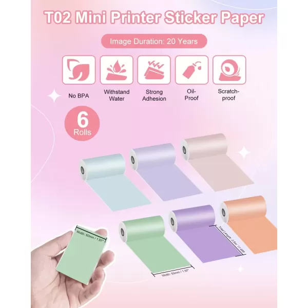 imageMemoking T02  M02X  M02L Sticker Paper  GreenPurpleOrangePinkLight GreenLavender Purple Sticky T02 Mini Printer Sticker Paper Refill 50 mm x 35 m Keep for 20 yrs 6 Rolls