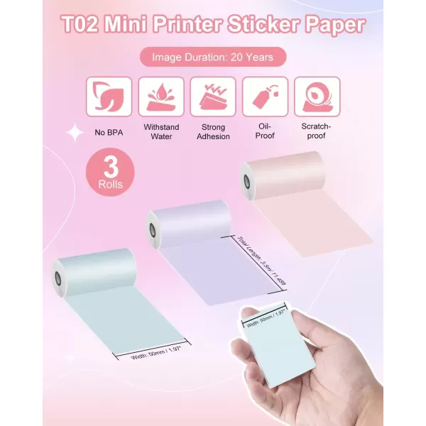 imageMemoking T02  M02X  M02L Sticker Paper  PinkLight GreenPurple Sticky T02 Mini Printer Sticker Paper Refill 50 mm x 35 m Keep for 20 yrs for Journal Photo Study Notes 3 Rolls