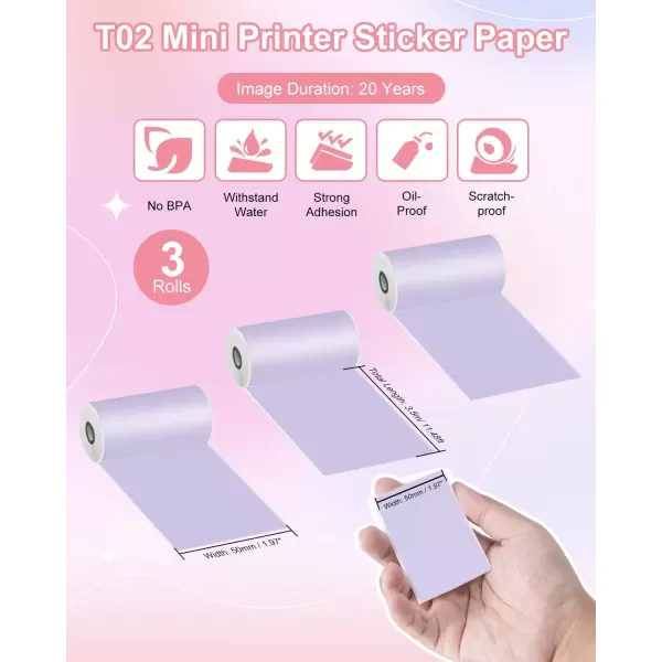 imageMemoking T02  M02X  M02L Sticker Paper  Purple Sticky T02 Mini Printer Sticker Paper Refill 50 mm x 35 m Keep for 20 yrs for Journal Photo Study Notes 3 Rolls