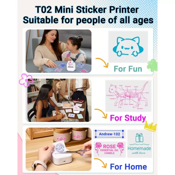 imageMemoking T02 Sticker Printer  Print Pods Mini Printer Portable Thermal Printer Inkless Printer Sticker Maker Machine Pocket Printer Phone Printer for Study Graphic Anatomical Diagram Photo White