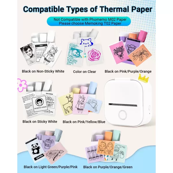 imageMemoking T02 Sticker Printer  Print Pods Mini Printer Portable Thermal Printer Inkless Printer Sticker Maker Machine Pocket Printer Phone Printer for Study Graphic Anatomical Diagram Photo White