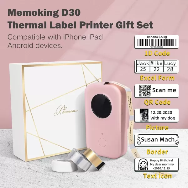 imageMini Label Maker  D30 Thermal Bluetooth Label Printer Mini Rechargeable Label Maker Machine Portable Sticker Maker Printer with Label x 3 Compatible with iOS Android for Home OfficePink