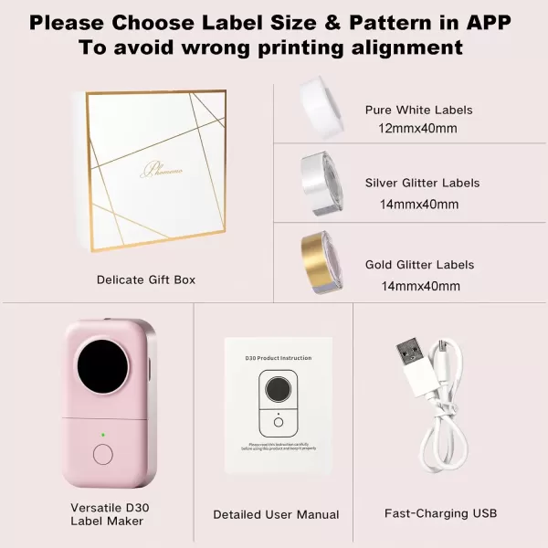 imageMini Label Maker  D30 Thermal Bluetooth Label Printer Mini Rechargeable Label Maker Machine Portable Sticker Maker Printer with Label x 3 Compatible with iOS Android for Home OfficePink