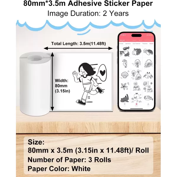 imageWhite Sticker Paper for M03 M03AS M04S Printer Paper 80MMx35MRoll Black on White Thermal Paper Memoking M03AS Paper Compatible with Phomemo Printer Paper M03 3 Rolls