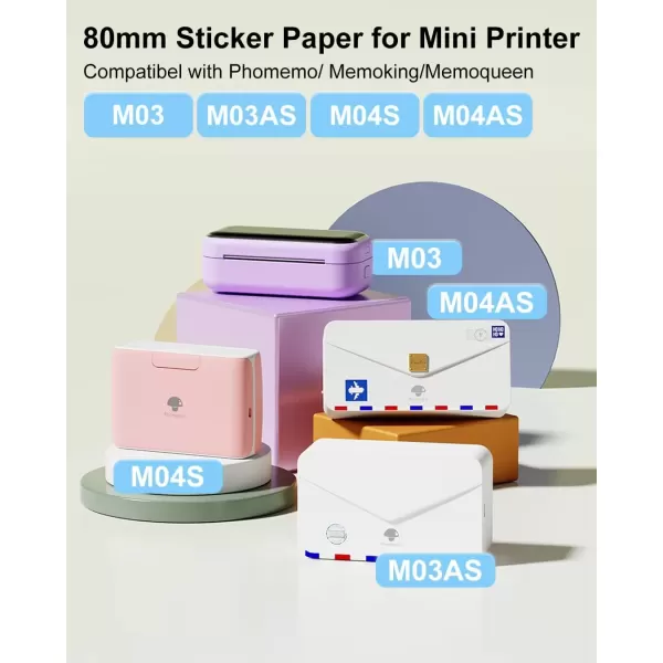 imageWhite Sticker Paper for M03 M03AS M04S Printer Paper 80MMx35MRoll Black on White Thermal Paper Memoking M03AS Paper Compatible with Phomemo Printer Paper M03 3 Rolls