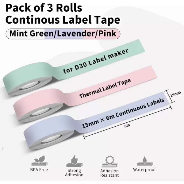 imageContinuous D30 Label Maker Tape  3 Rolls Color D30 Continuous Labels Roll 15MMx6MGreen Purple Orange Memoking D30 Labels Refills Compatible with Phomemo Zodzi D30 Label Maker Tape