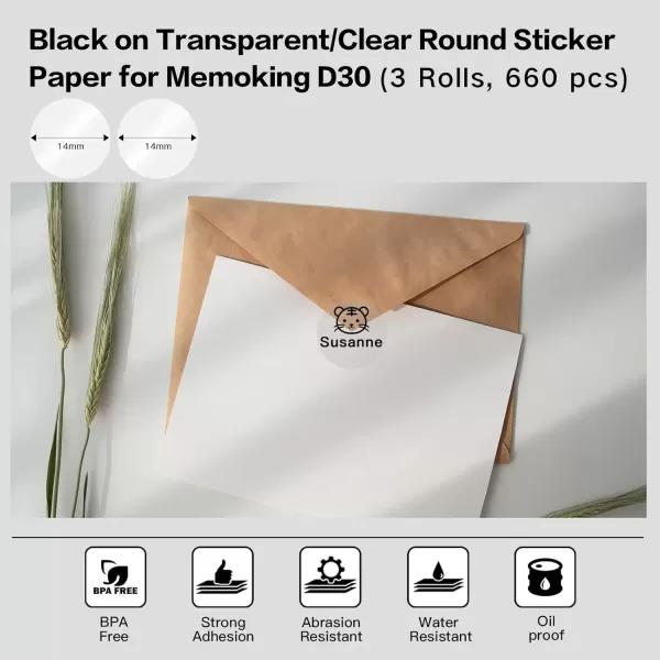 imageD30 LabelsTransparent Circle 12quot X 1quot 14mm X 28mmAdhesive Label Paper 220 LabelsRoll3 Roll Compatible with Phomemo D30 Portable Bluetooth Label Maker for Size Labels