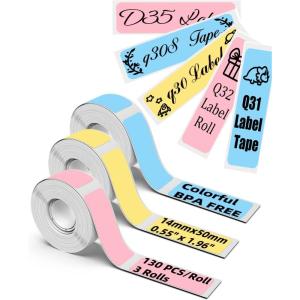 imageD30 Color Label Tape  Q30S Labels Tape for Q30  Q31  Q32  Q30S  D35 Label Maker Tape  YellowPinkBlue14x50mm  Memoking Q30S Labels Compatible with Phomemo D30 Labels  3 Rolls130 LabelsRoll