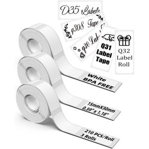 imageD35 Label Tape  White Q30S Labels Tape for Q30  Q31  Q32  Q30S  D35 Label Maker Tape  15x30mm  Memoking Q30S Label Tape Compatible with Phomemo D35 Labels  3 Rolls210 LabelsRoll  059x118quot