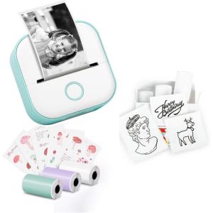imageMemoking T02 Portable Small Printer with 3 Rolls Paper Sticker Printer Machine for Study Notes Pictures Photos Journals DIY and 2Year White Sticky Paper Green
