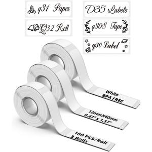 imageWhite D30 Labels  D35 Label Tape for Q30  Q30S  Q31  Q32  D35 Labels  047quotx157quot12x40mm  Memoking Q30S Label Tape Compatible with Phomemo D30 Label Maker Tape  3 Rolls160 LabelsRoll