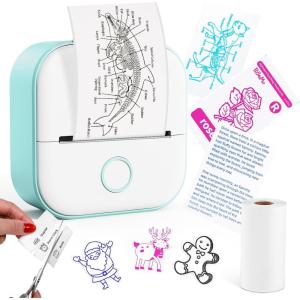imageMemoking Mini Printer  Sticker Printer T02 Thermal Sticker Maker Machine Mini Portable Pocket Machine Inkless Label Maker for Anatomy Flashcard Journal Note Receipt Kids BlackGreen