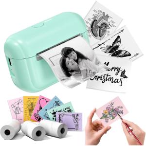 imageMemoking Mini Printer  Portable Sticker Printer Q02E Pocket Thermal Inkless Sticker Maker Bluetooth Print Pod Small Receipt Printer for Study Note Anatomical Diagrams Scrapbook Journal Gift DIYGreen